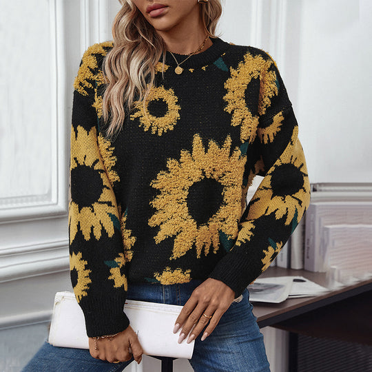 Damen kuscheliger Pullover mit Sonnenblumenmotiv EB