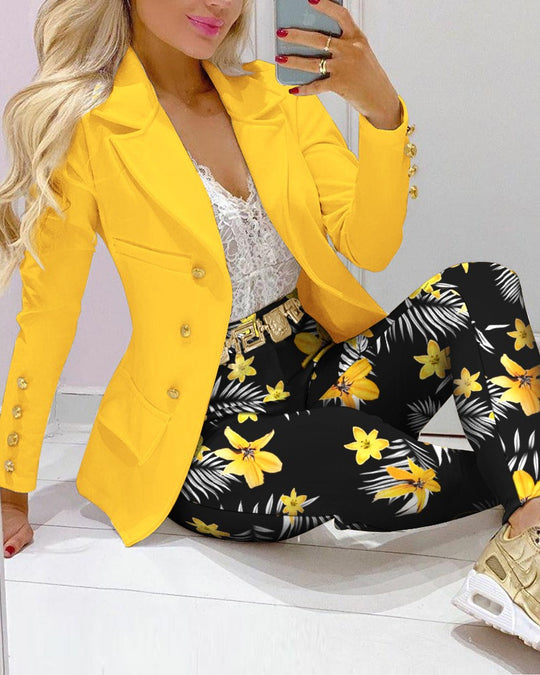 Damen Zweiteiliges Blazer-und-Hose-Set mit Schmetterlingsprint und glamourösem Glitzereffekt EB