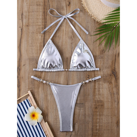 Damen Triangel-Bikini mit Metallic-Finish und goldenen Schmuckdetails EB