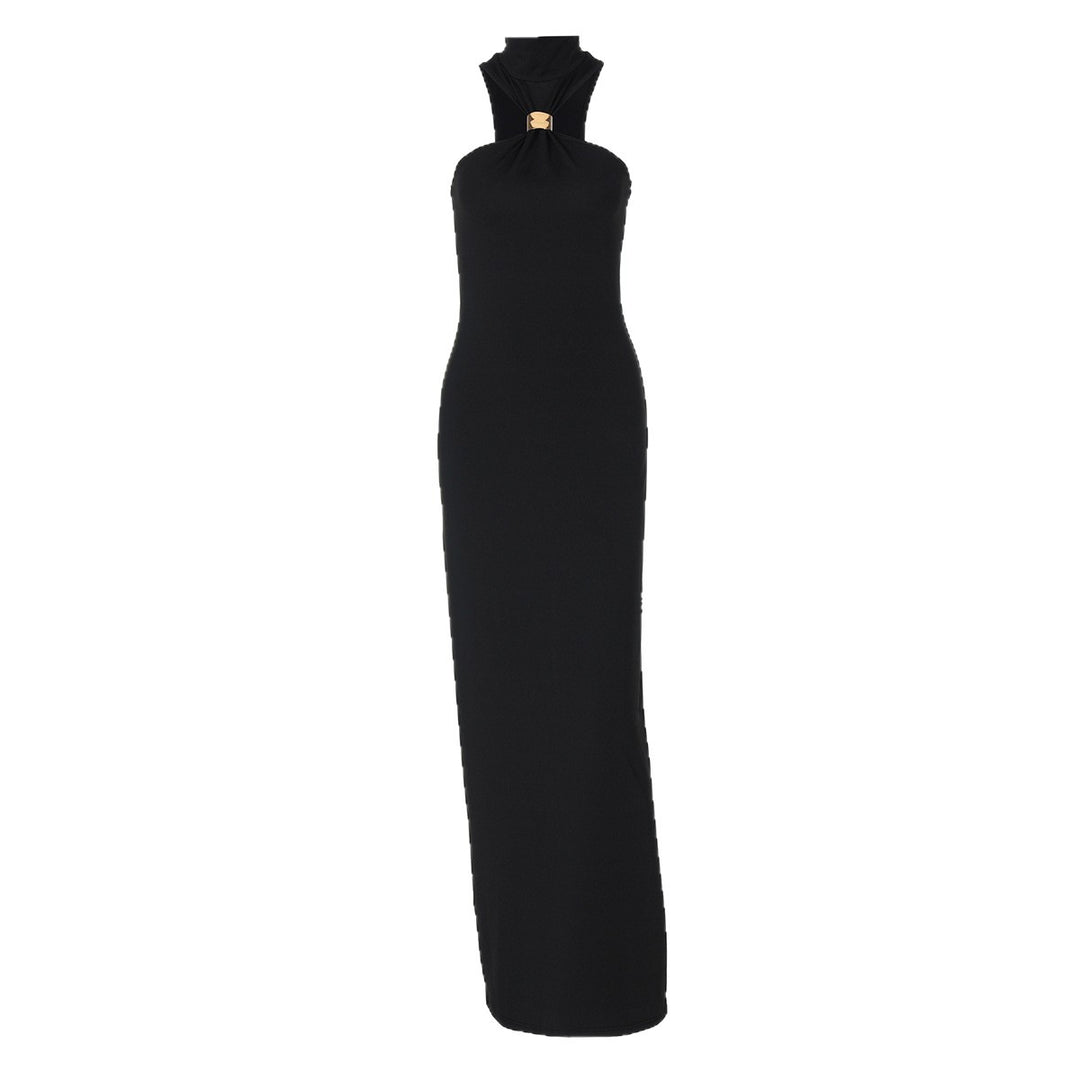 Damen elegantes langes Abendkleid mit halbem Kragen und edlen Akzenten EB