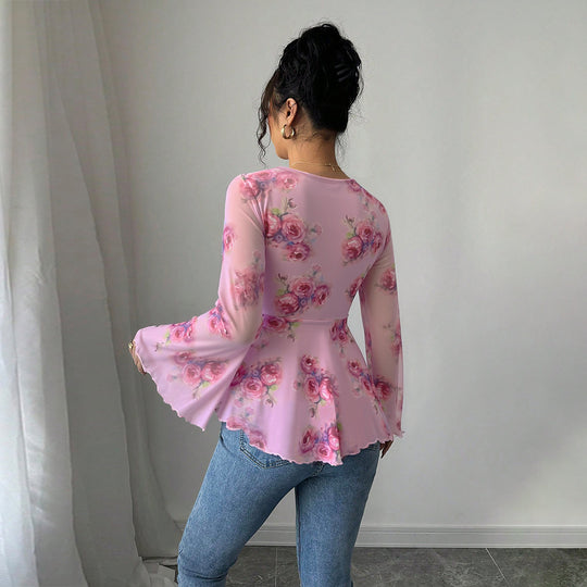 Damen florales Chiffon-Top mit Bindeschleife, Herzausschnitt, ausgestellten Glockenärmeln und tailliertem Schößchen Eichborn Berlin