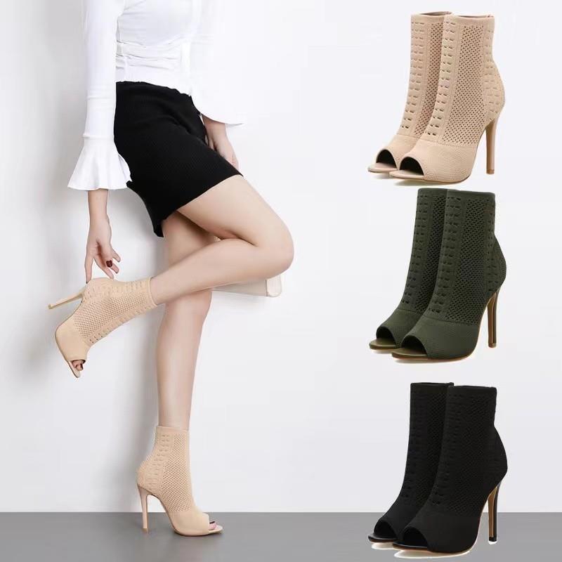 Damen Strick-Ankle Boots mit Peep-Toe und eleganten Absatz EB