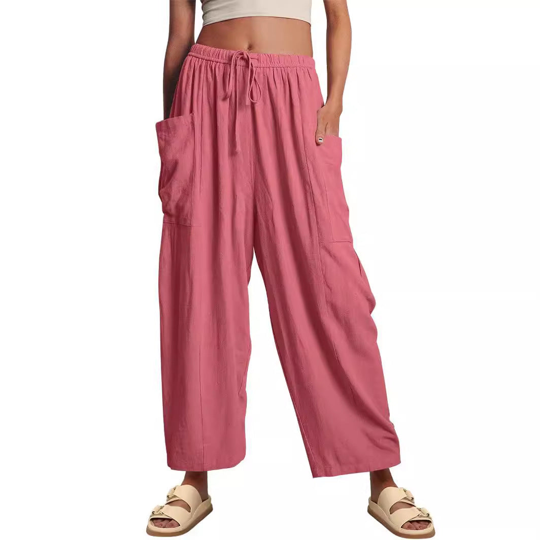 Damen nan weite Palazzohose aus leichtem Leinenmix mit Tunnelzug und seitlicher Tasche EB