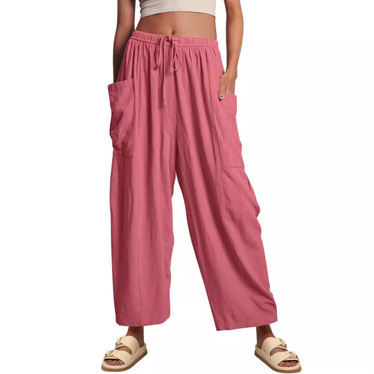 Damen nan weite Palazzohose aus leichtem Leinenmix mit Tunnelzug und seitlicher Tasche EB