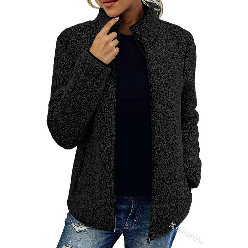 Damen flauschige Fleecejacke mit hohem Kragen und seitlichen Taschen EB