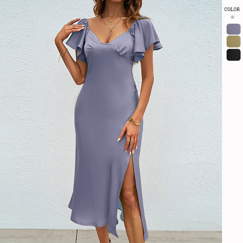 Damen Midikleid mit voluminösen Rüschendetails und seitlichem Schlitz EB