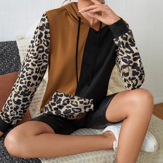 Damen Kapuzenpullover mit auffälligem Leopardenmuster und Farbblockdesign EB