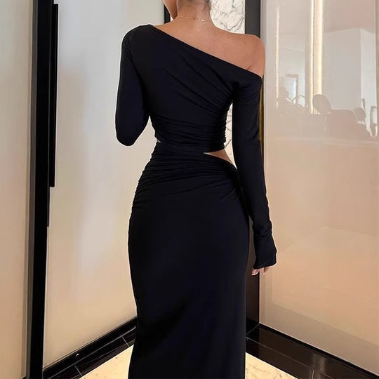 Damen Langarm Maxikleid mit asymmetrischem Design und Rüschendetails EB