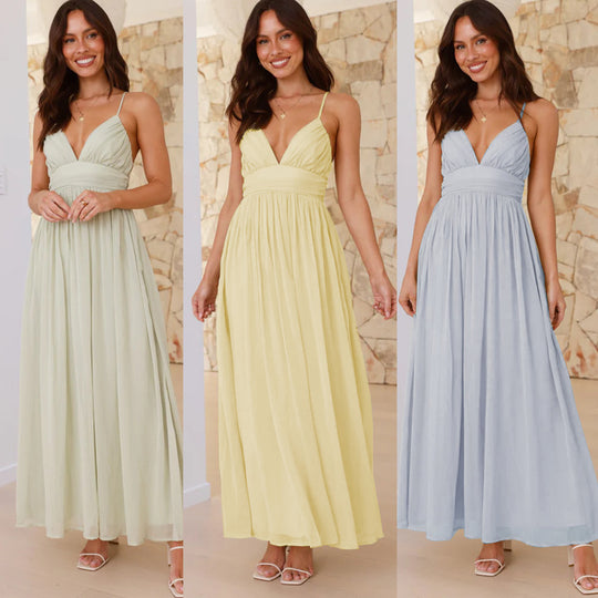 Damen Maxikleid mit schmalen Spaghetti-Trägern und elegantem Wickel-Design EB