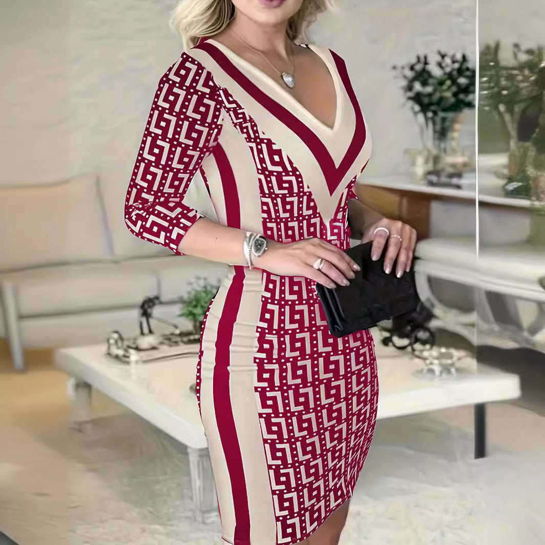 Damen Elegantes und figurbetontes Kleid mit grafischem Muster EB