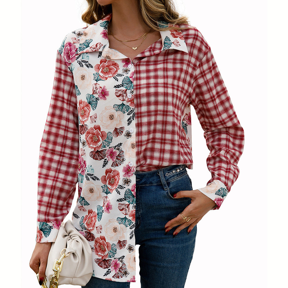Damen Trendige Karobluse mit floralem Patchwork-Design EB