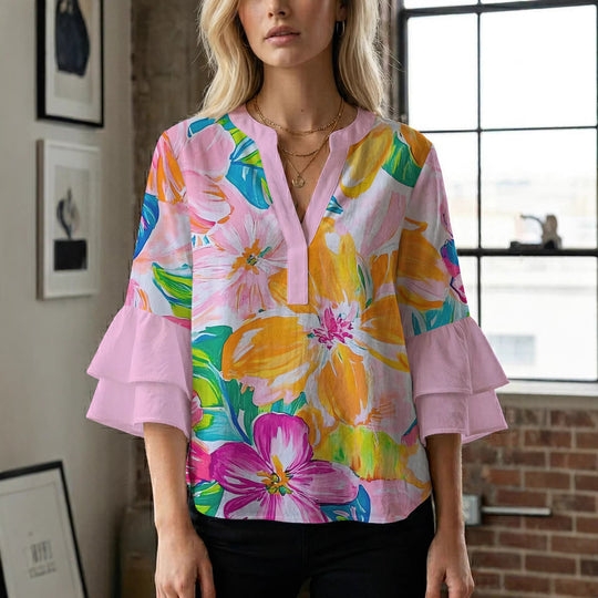 Damen Bluse mit voluminösen Rüschenärmeln und floralem Muster EB