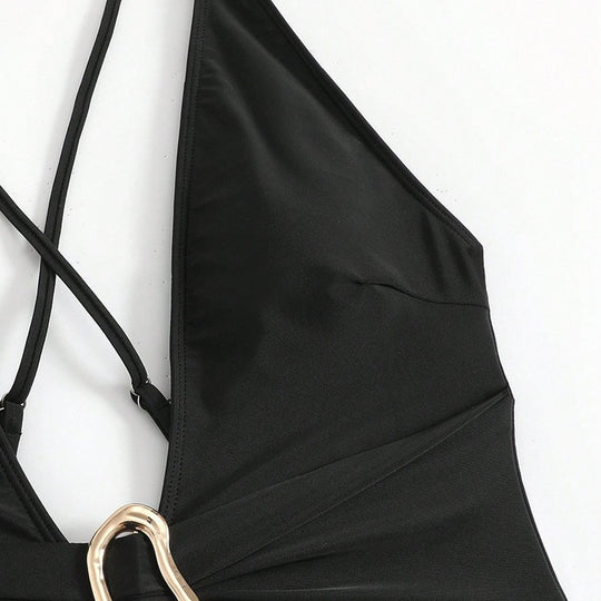 Damen Einteiler Badeanzug mit tiefem V-Ausschnitt und stilvollem Ringdetail EB