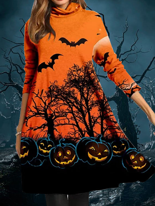 Damen Halloween-Kleid im lässigen Schnitt mit gruseligem Print und weichem Stoff Heidi-Mode