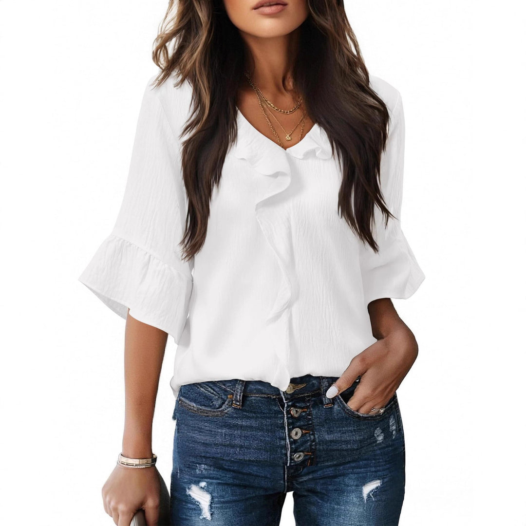 Damen Luftiges Blusenshirt mit Rüschendetails und V-Ausschnitt EB