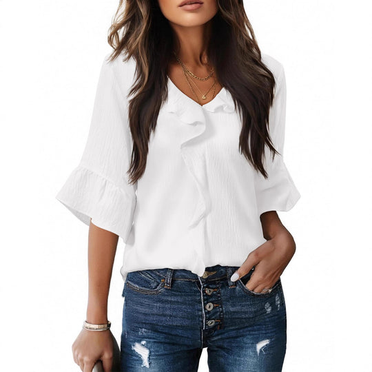 Damen Luftiges Blusenshirt mit Rüschendetails und V-Ausschnitt EB