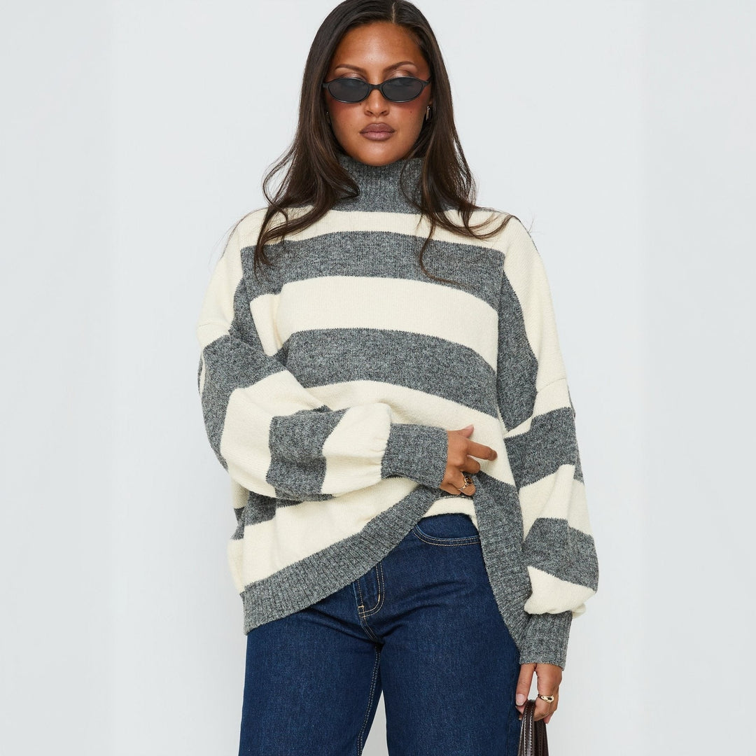 Damen Oversize Streifen-Pullover mit Rollkragen EB