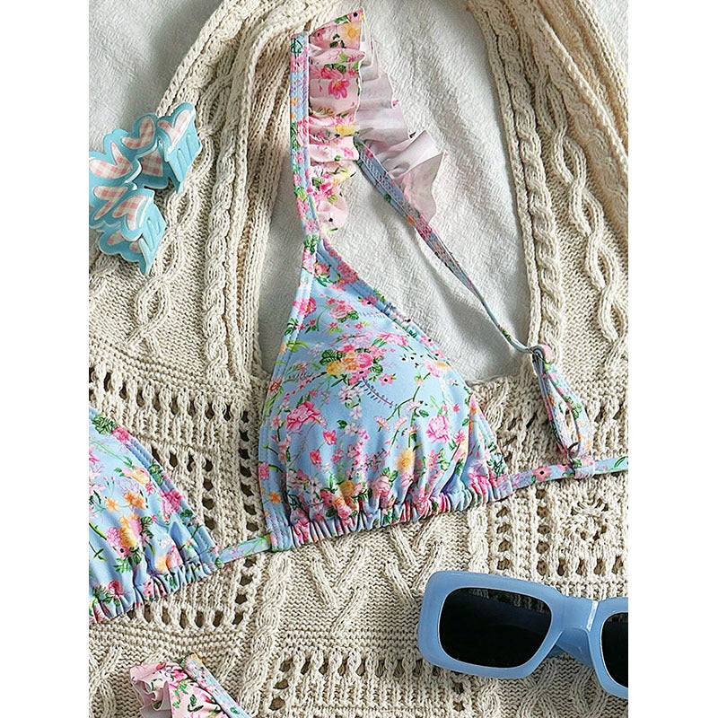 Damen Triangel-Bikini mit verspieltem Blumendesign und Rüschendetails EB