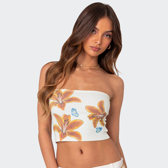 Damen Bandeau-Top mit floralem Motiv und elastischem Bund EB