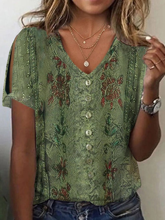 Damen V-Ausschnitt Bluse mit floralen Details und Knopfverschluss EB