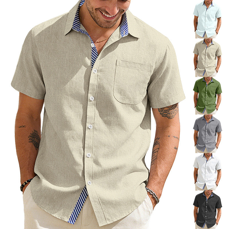 Herren nan Business-Casual Kurzarmhemd mit gestreiftem Kragenfutter und Brusttasche EB