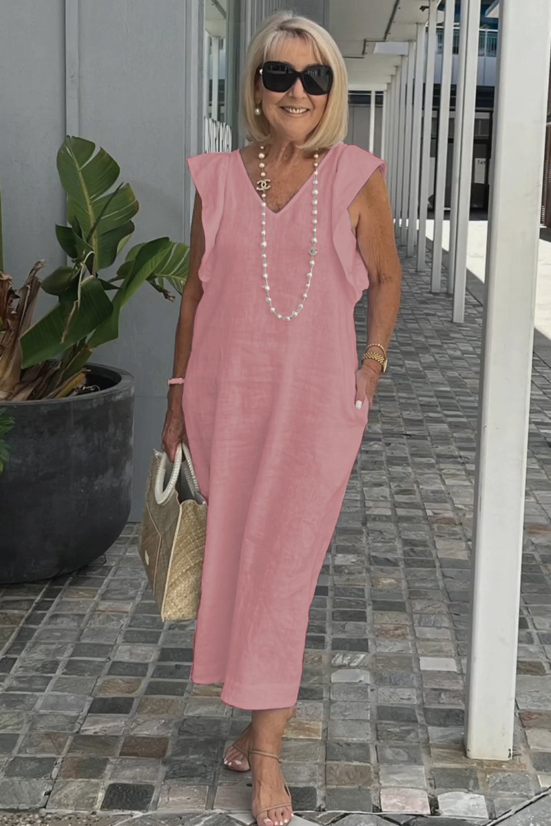 Damen Leichtes Maxikleid mit V-Ausschnitt und seitlichen Taschen EB