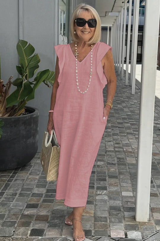 Damen Leichtes Maxikleid mit V-Ausschnitt und seitlichen Taschen EB