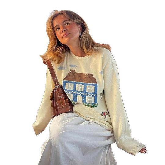 Damen Sweatshirt mit kreativem Hausmotiv EB
