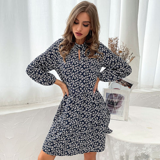 Damen Blümchen-Midikleid mit schickem Standkragen und asymmetrischem Schnitt EB