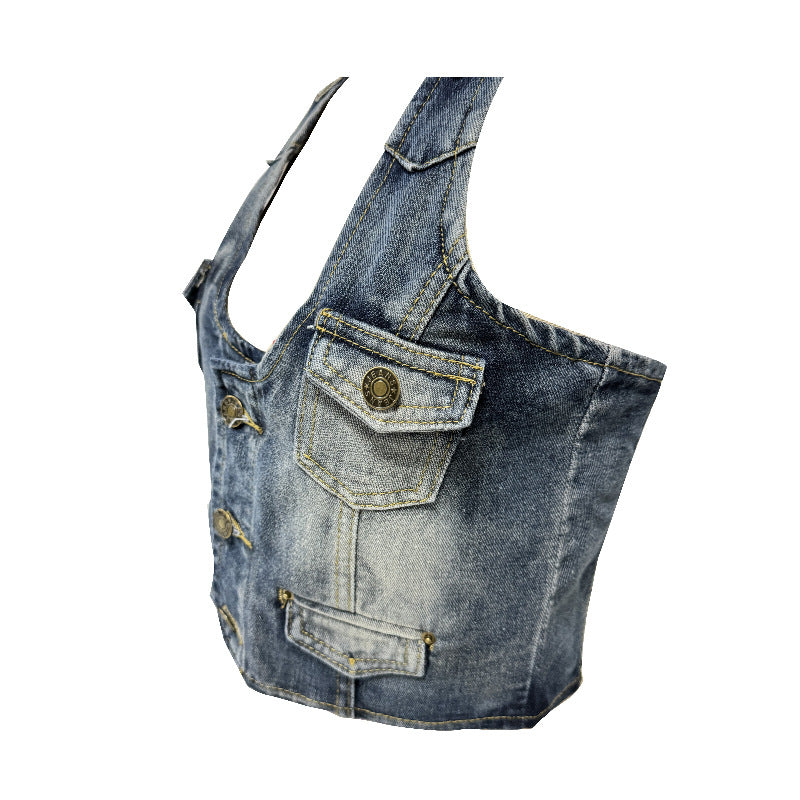 Damen Crop-Top aus Denim mit dekorativen Knopfdetails und tiefem V-Ausschnitt EB