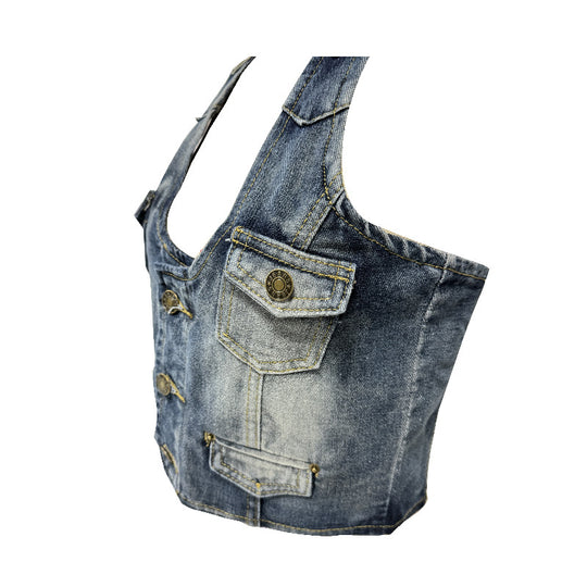 Damen Crop-Top aus Denim mit dekorativen Knopfdetails und tiefem V-Ausschnitt EB