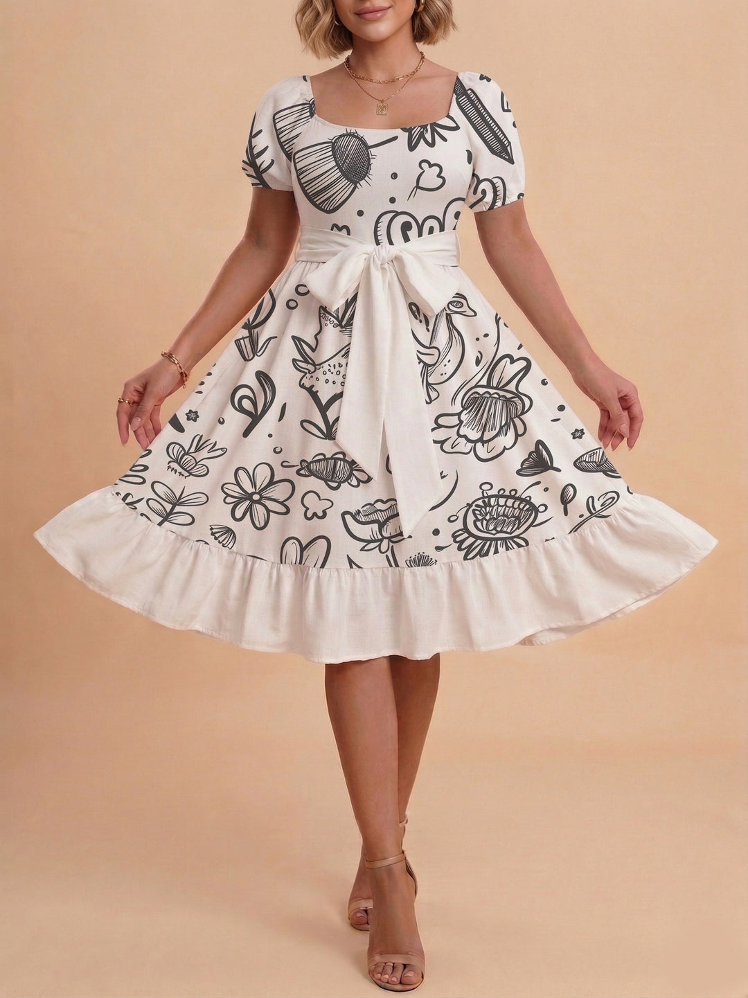 Damen Midi Kleid mit elegantem Blumendruck und tailliertem Gürtel EB