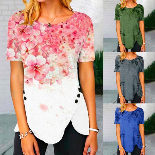 Damen lässiges T-Shirt mit dekorativem Floraldesign und asymmetrischem Saum EB