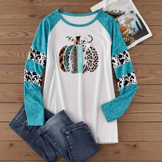 Damen Langarm-T-Shirt mit kreativem Kürbis-Design und modischen Ärmelakzenten EB