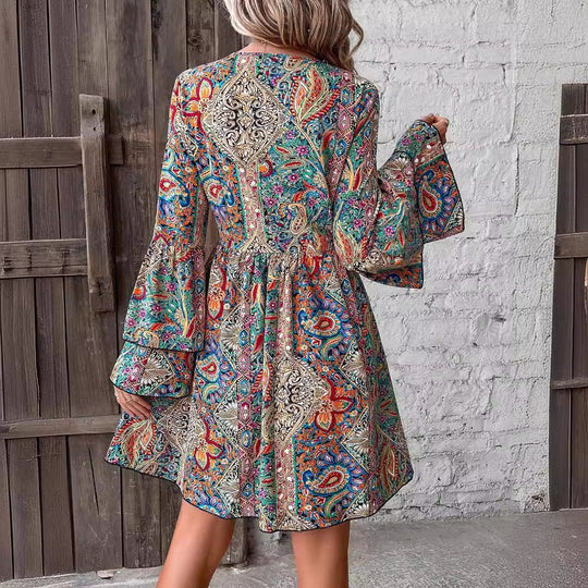 Damen Schwingendes Wickelkleid mit floralen Mustern und voluminösen Ärmeln EB