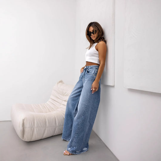 Damen Weite Jeans im Vintage-Stil mit hohen Taschen und trendigen Used-Effekten EB