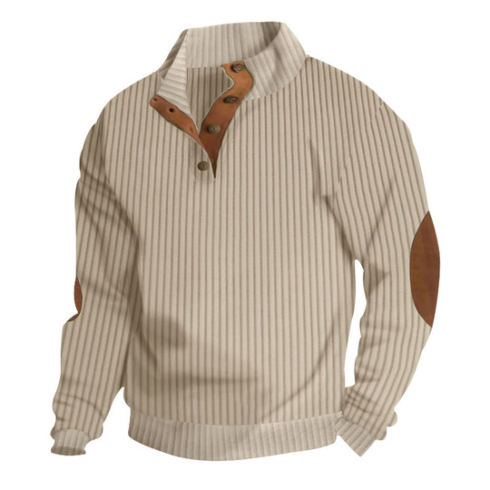 Herren nan strukturierter Ripp-Pullover mit kurzem Knopfkragen und Wildleder-Ellbogenpatches EB