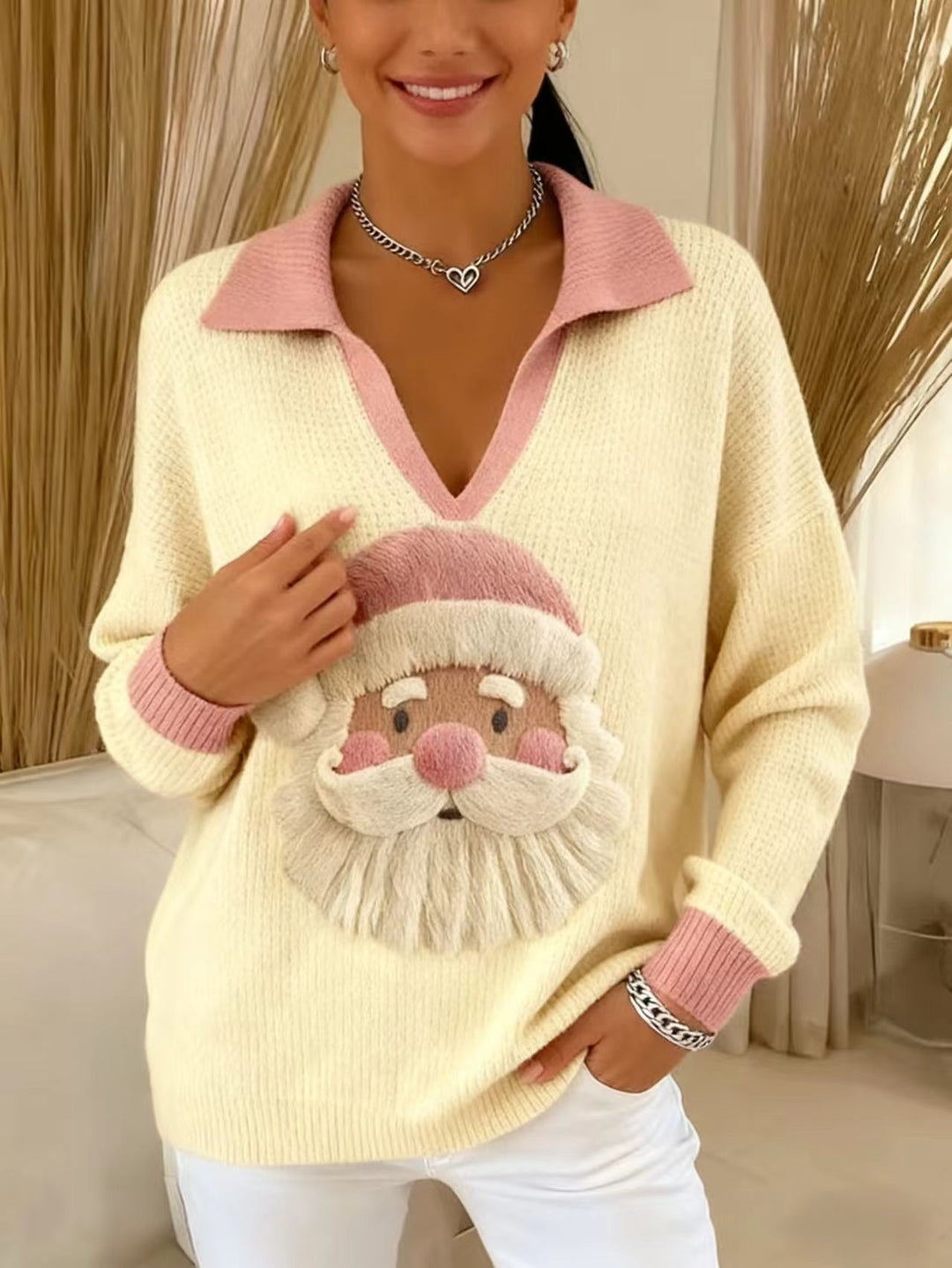 Damen Weicher Strickpullover mit V-Kragen, Polokragen und 3D-Weihnachtsmotiv EB