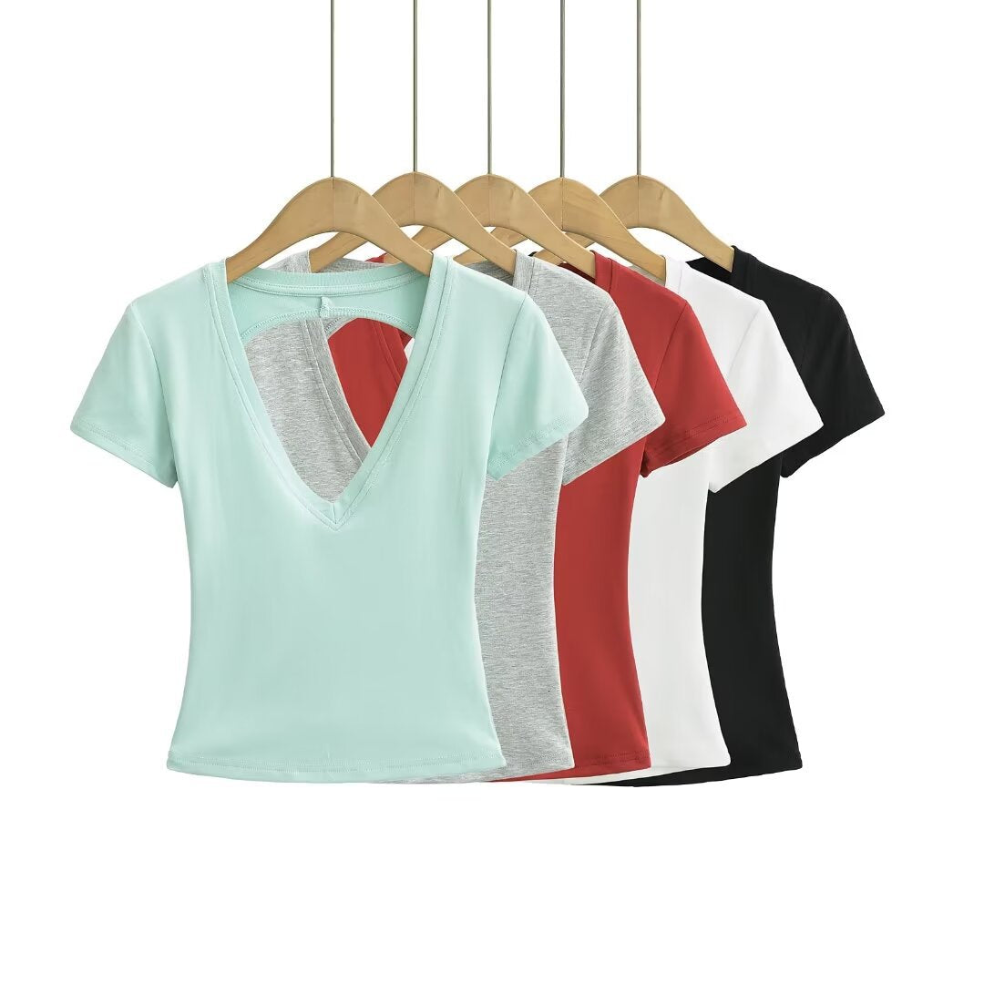 Damen modisches V-Ausschnitt T-Shirt mit offenem Rücken EB