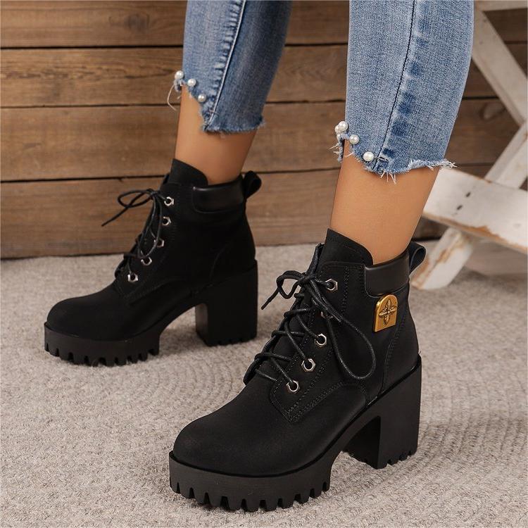 Damen modische Ankle Boots mit robustem Blockabsatz und elegantem Schnürdesign EB