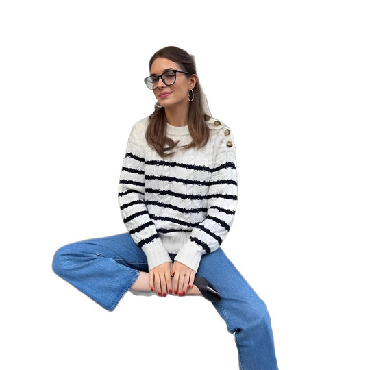 Damen Strickpullover mit maritimen Streifen und Knopfdetails EB