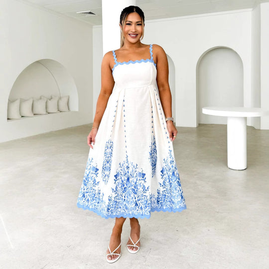 Damen Midi-Kleid mit feinem Spitzenrüschendesign und floralen Details EB