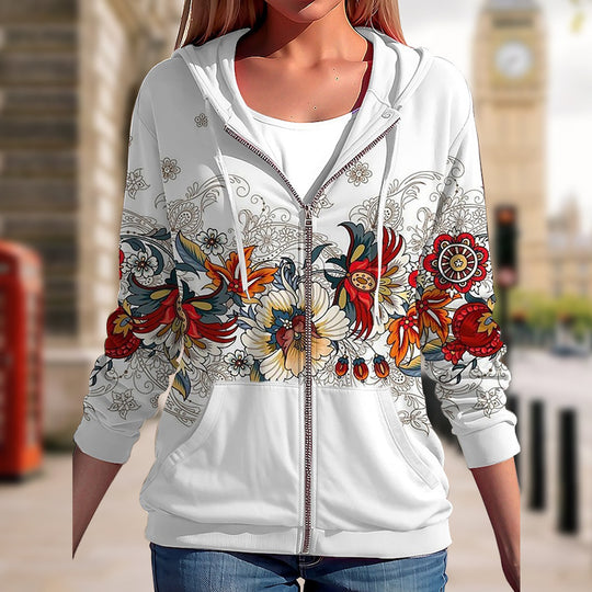 Damen Kapuzenjacke mit durchgehendem Reißverschluss und floraler Boho-Print-Optik EB