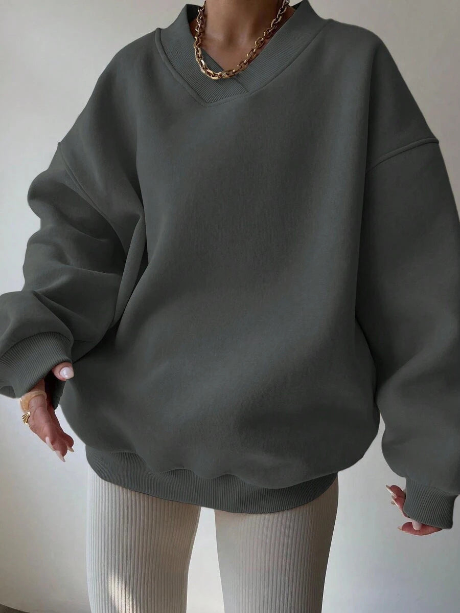 Damen Oversized V-Ausschnitt Sweatshirt mit verstärktem Rippkragen und extraweitem Cut EB