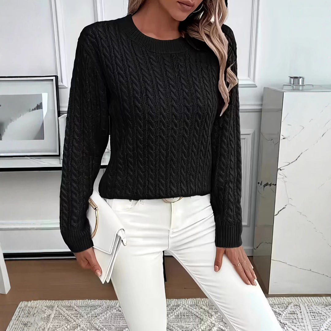 Damen Kurz geschnittener Zopfmuster-Strickpullover mit Rundhalsausschnitt EB