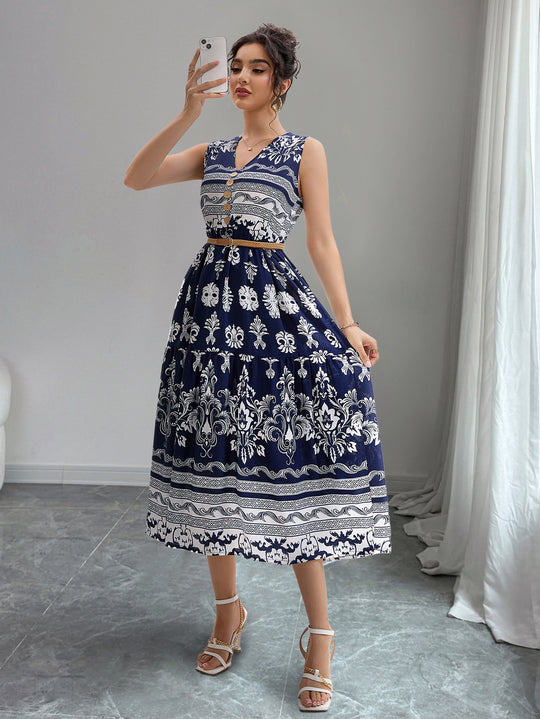 Damen Midi-Kleid mit Knopfleiste und traumhaftem Muster EB