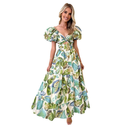 Damen Maxikleid mit voluminösen Puffärmeln und floralem Muster EB