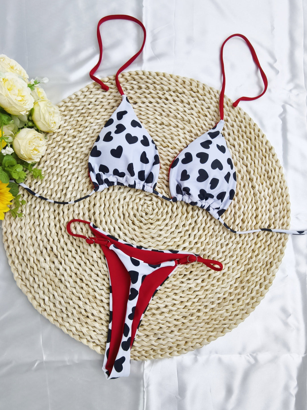 Damen Triangel-Bikini-Set mit fröhlichem Kirschmuster und verstellbaren Trägern EB