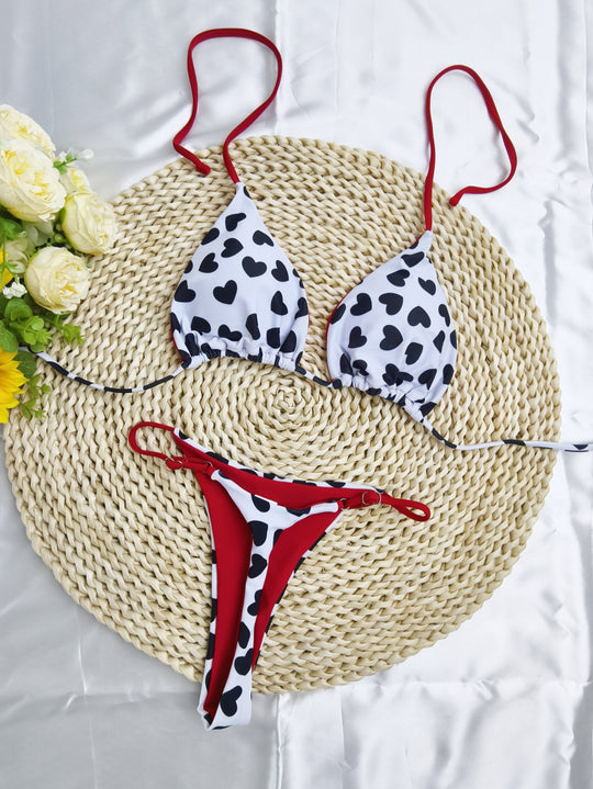 Damen Triangel-Bikini-Set mit fröhlichem Kirschmuster und verstellbaren Trägern EB