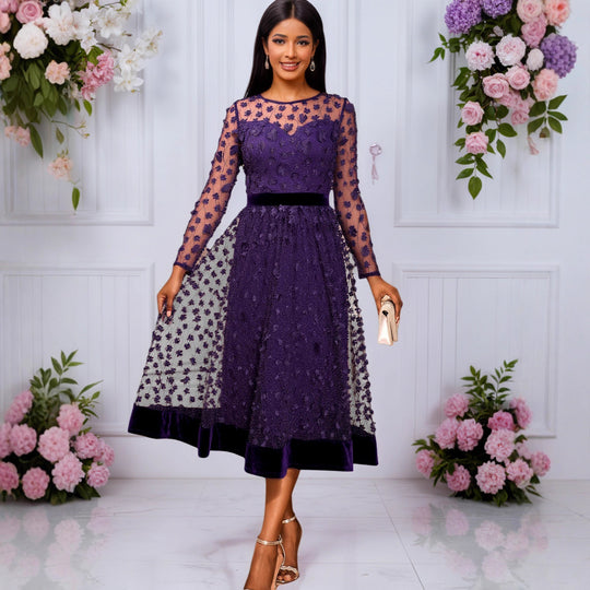 Damen elegantes A-Linien Abendkleid mit floralen Spitzenapplikationen EB